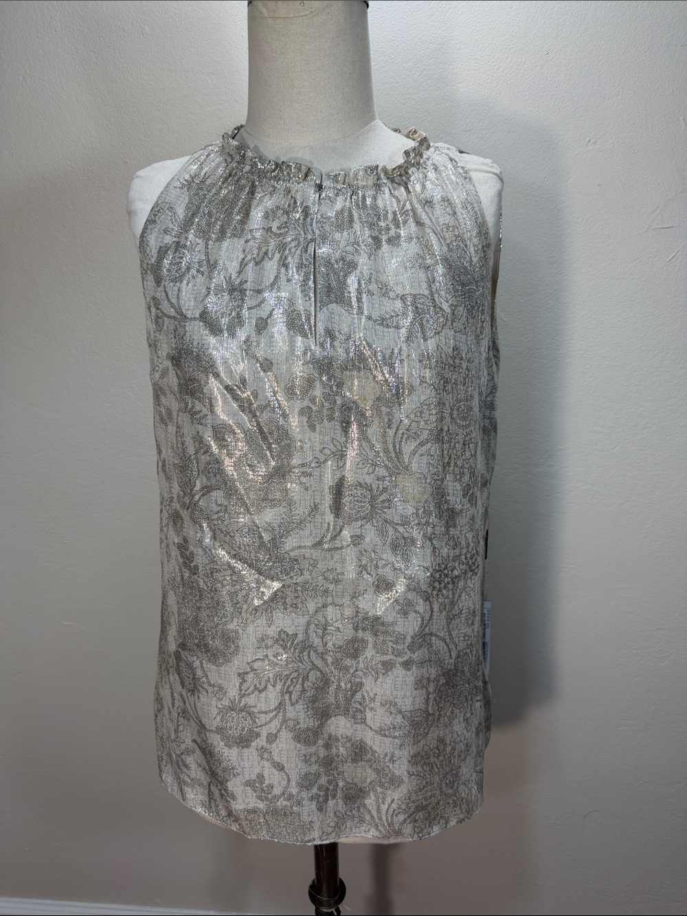 Elie Tahari Silver Metallic Silk Floral Top